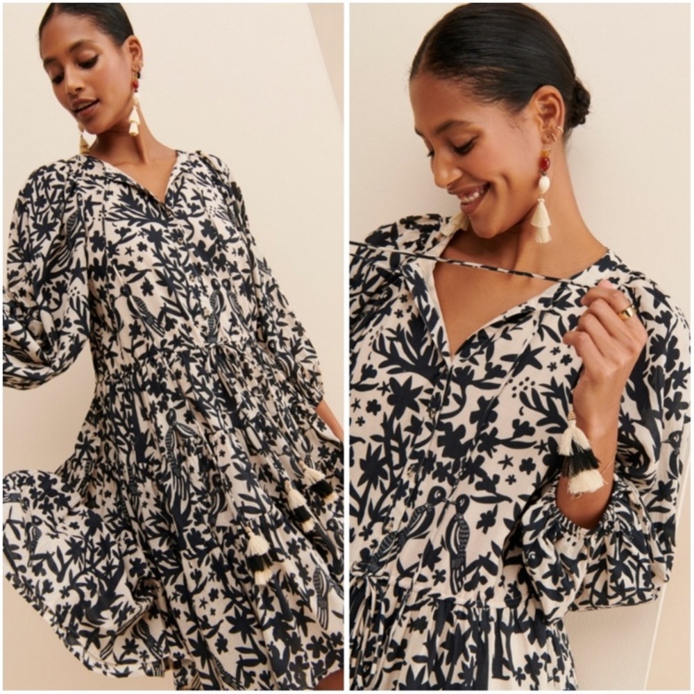 Carolina K Viola Mini Black Creamy Bird printed dress size small Anthropologie